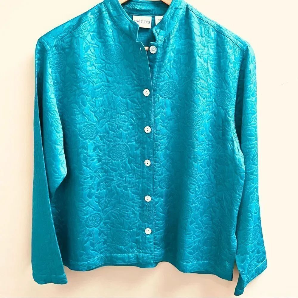 Chico's Vibrant Blue Floral Button-Down Shirt Jacket